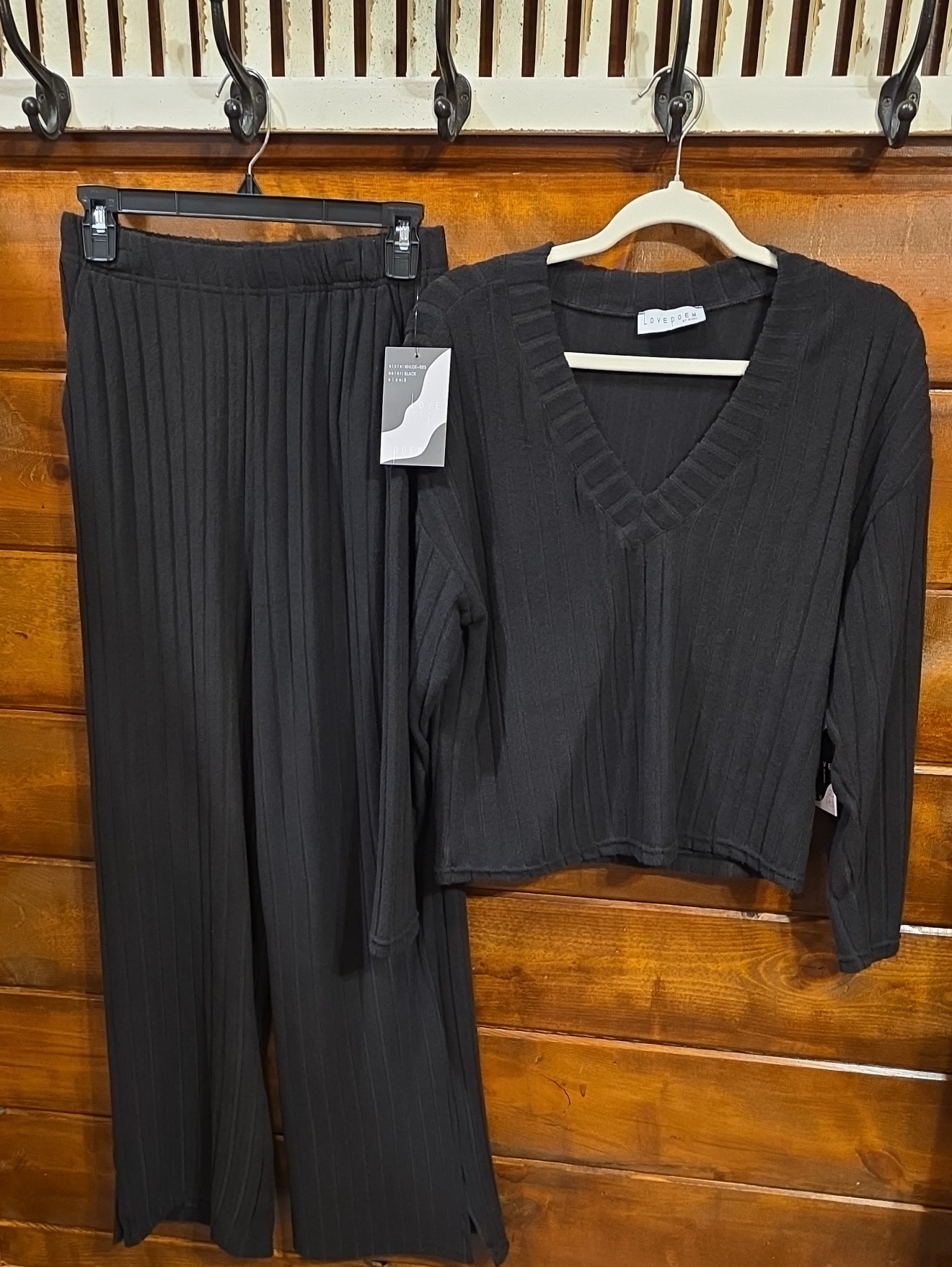 Love Poem Black Ribbed V-Neck Sweater & Wide-Leg Pants Set, 1 Large& 1 Small.